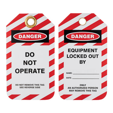 Lockout Tags, Do Not Operate, Plastic w/Brass Grommet - Red-White Striped, 10/Pk
